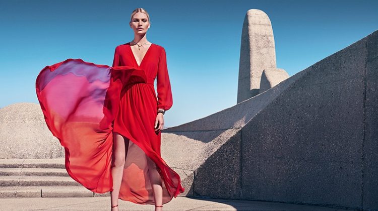 Model Aline Weber wears red dress in Comma spring-summer 2020 campaign.