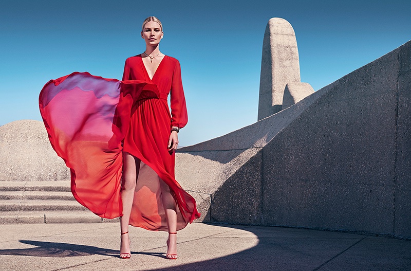 Model Aline Weber wears red dress in Comma spring-summer 2020 campaign.