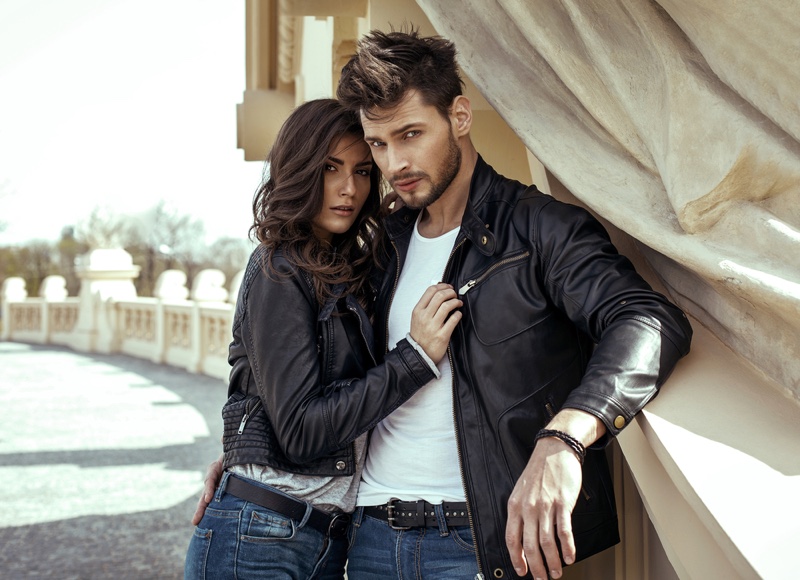 Couple Wearing Leather Jackets T-Shirts Denim