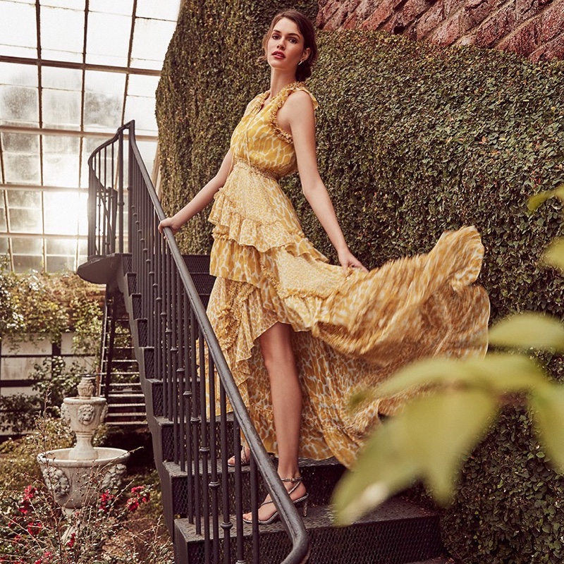 Model Vanessa Moody wears yellow dress in DVF spring-summer 2020 collection.