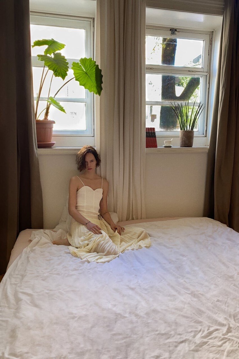 Posing in bed, Freja Beha Erichsen models Zara's spring-summer 2020 collection.