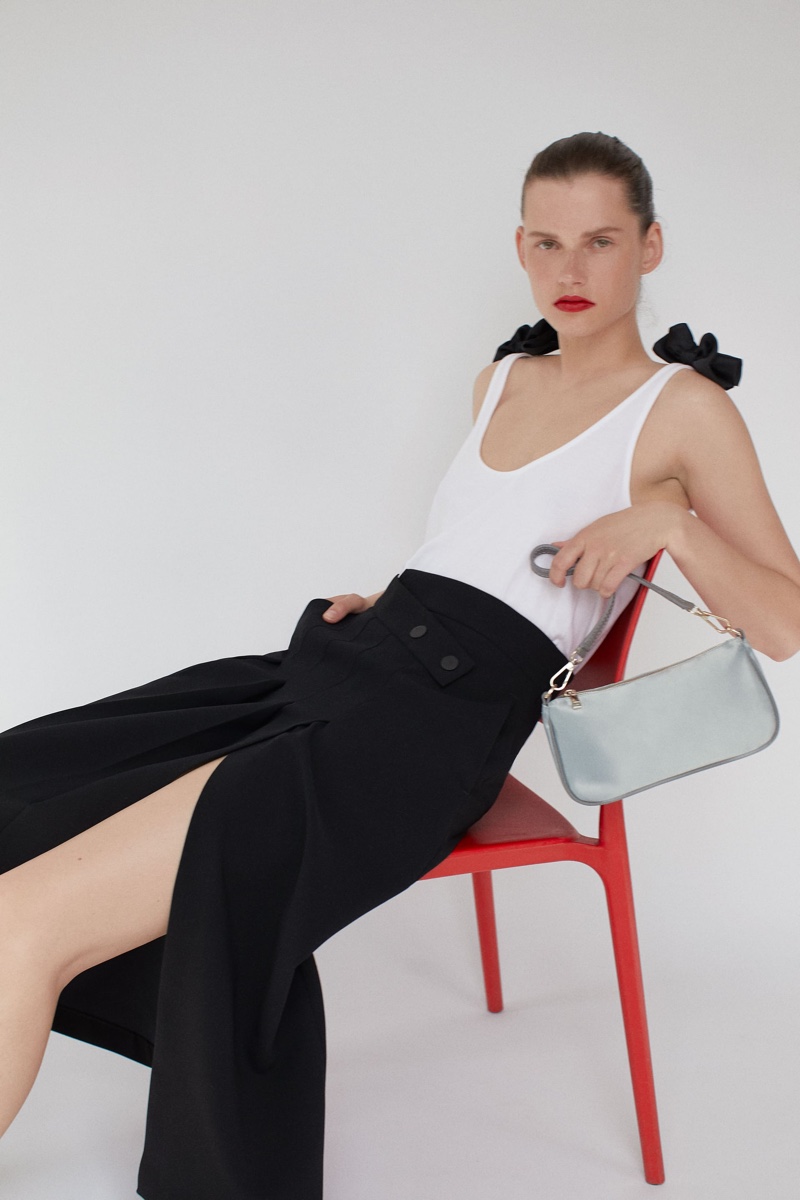 Zara Bow Tank Top, Glossy Shoulder Bag and Long Skirt.