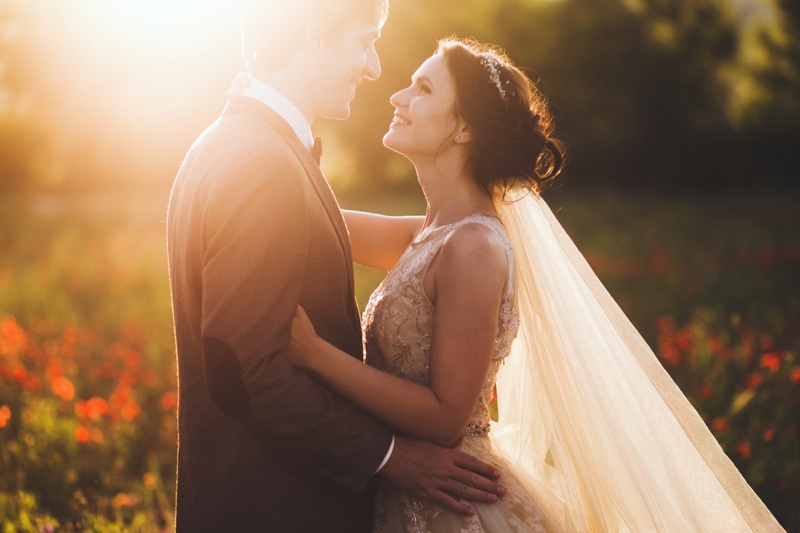 Groom Bride Smiling Outdoors Wedding