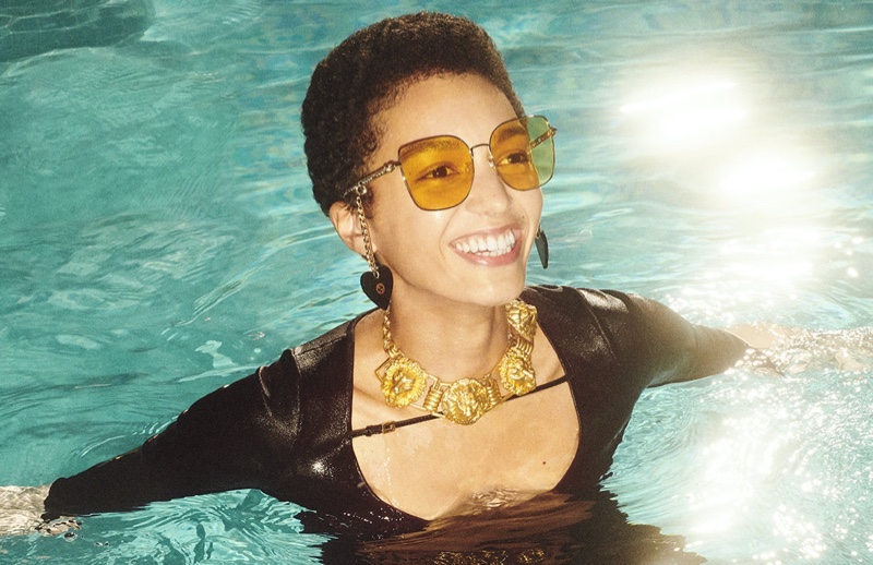 A model is all smiles in Gucci's limited edition spring-summer 2020 sunglasses.