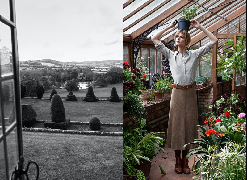 Posing in a greenhouse, Jacquetta Wheeler models for Massimo Dutti Paper.