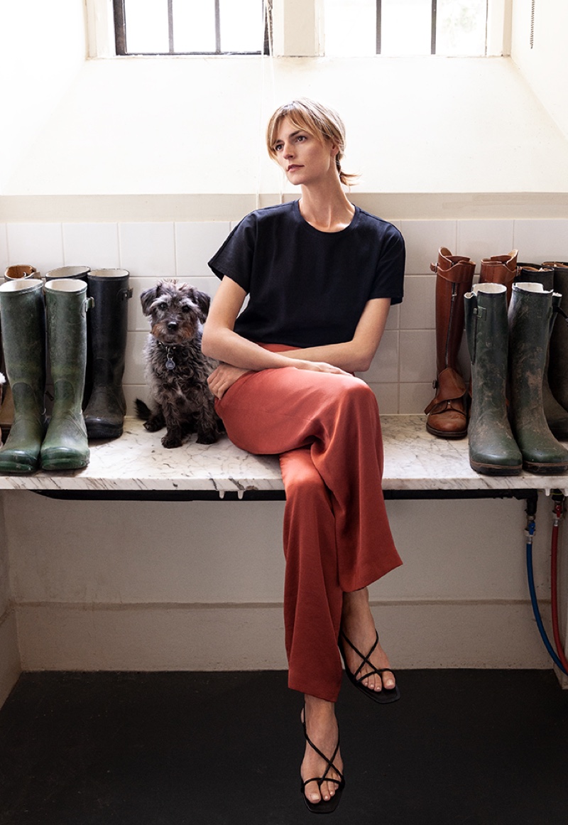 Jacquetta Wheeler wears Massimo Dutti plain cotton t-shirt and flowing trousers.