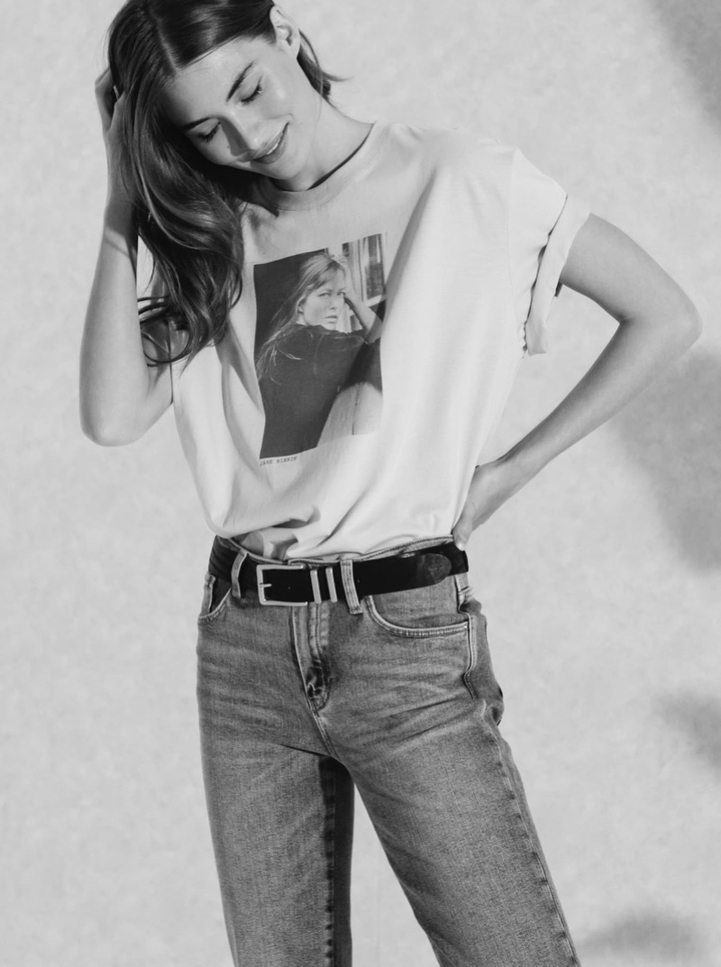 Model Grace Elizabeth wears Massimo Dutti x Jane Birkin t-shirt collection.
