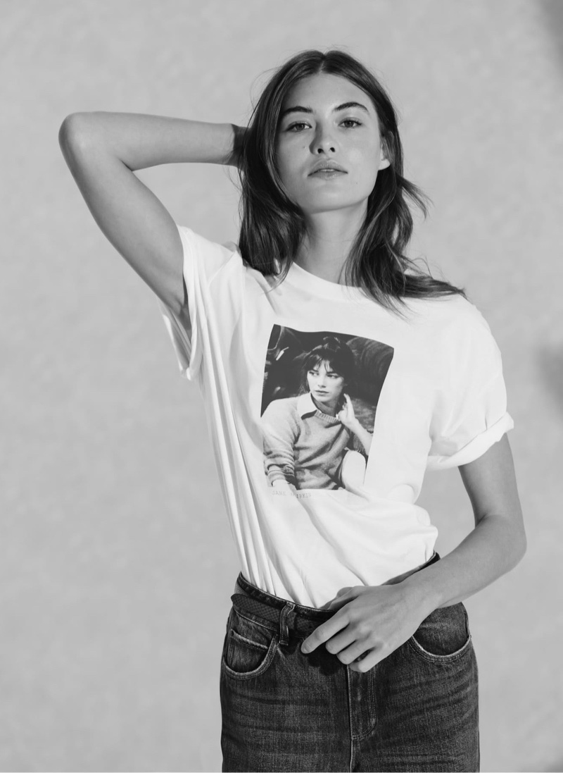 Striking a pose, Grace Elizabeth models Massimo Dutti x Jane Birkin t-shirt line.