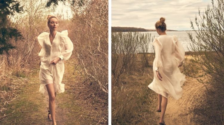 Heloise Guerin wears romantic styles in Massimo Dutti A New Lightness editorial.