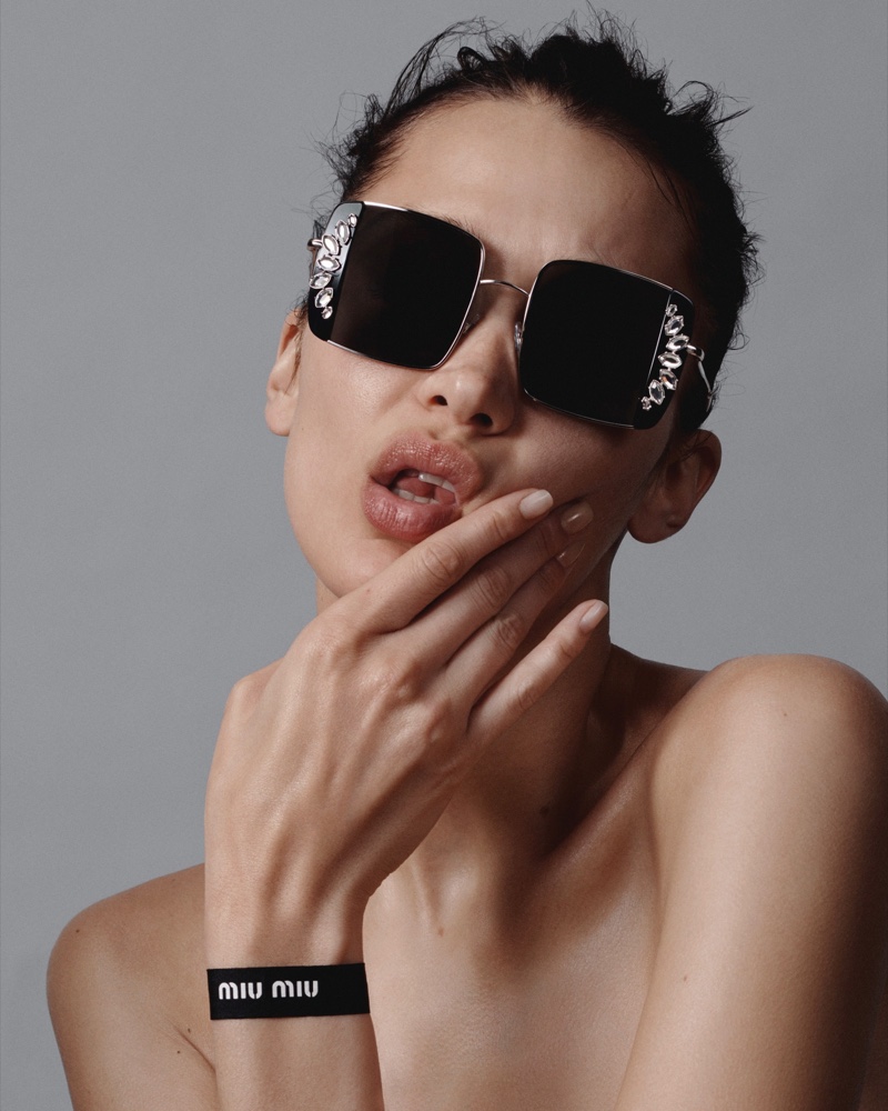 Model Bella Hadid fronts Miu Miu eyewear spring-summer 2020 campaign.