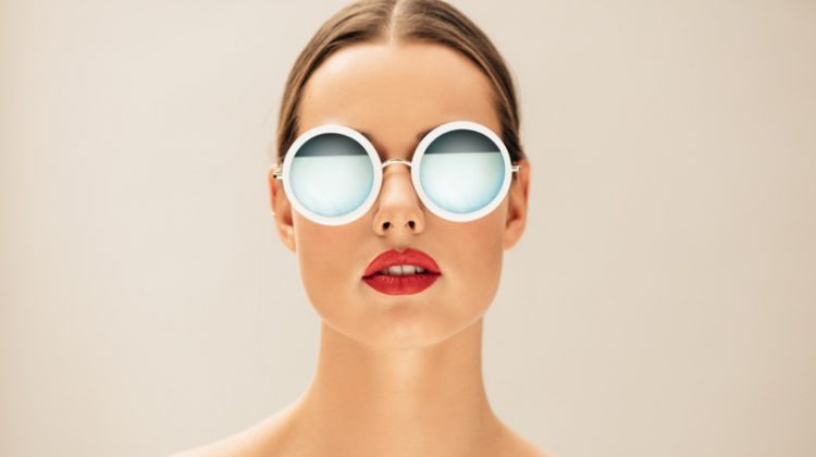 Model Round White Sunglasses Reflection
