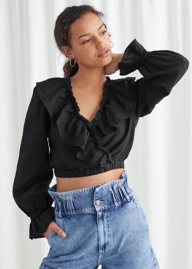 & Other Stories Linen Ruffle Top in Black $69