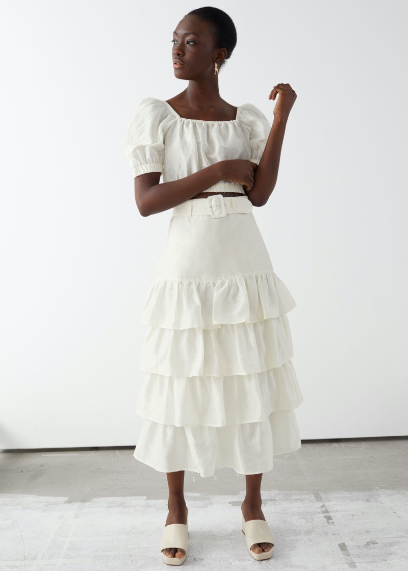 & Other Stories Puff Sleeve Crop Top $59 & Belted Ruffle Midi Skirt $99