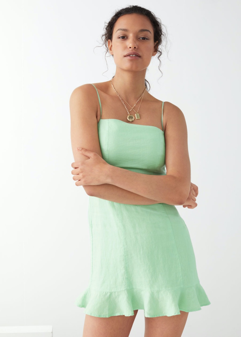 & Other Stories Spaghetti Strap Linen Mini Dress in Green $89