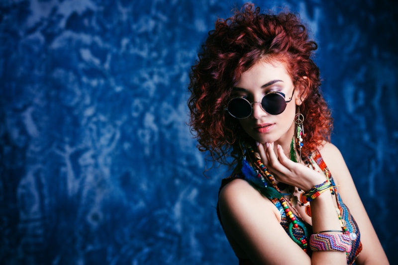 Redhead Curly Hair Model Worldly Prints Jewelry Sunglasses