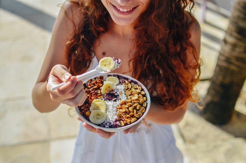 Redhead Woman Eating Acai Bowl Healthy Food