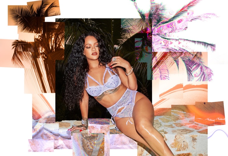 Rihanna wears Savage X iridescent lace caged bra & lace bikini.