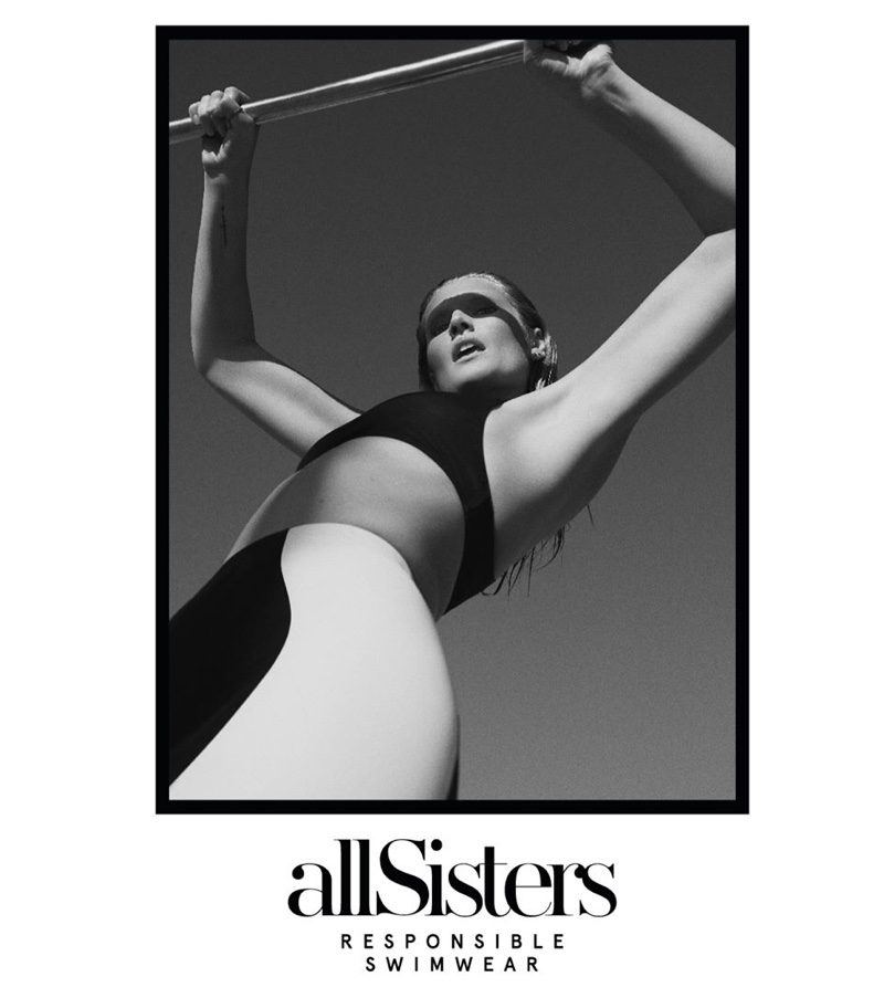 Posing in Venice Beach, Toni Garrn models allSisters Responsible collection.