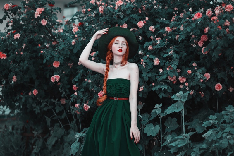 Vintage Style Green Dress Hat Outdoors Flowers Redhead Model