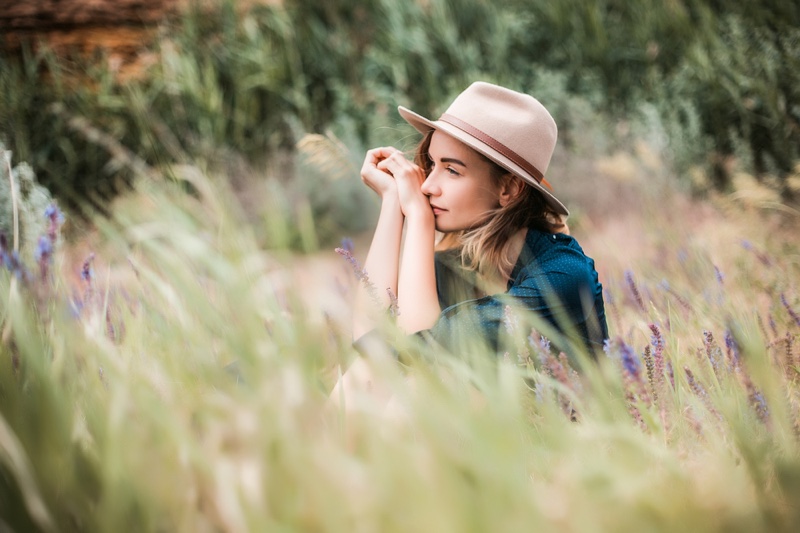 Woman Outdoors Field Hat Nature