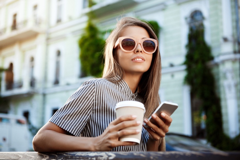 Woman Phone Sunglasses Coffee Outdoors