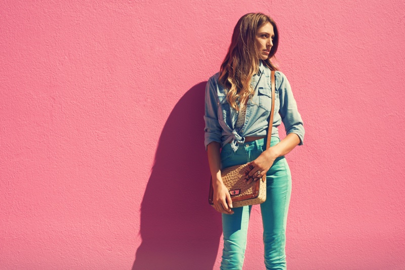 Young Woman Denim Shirt Jeans Straw Bag Outfit