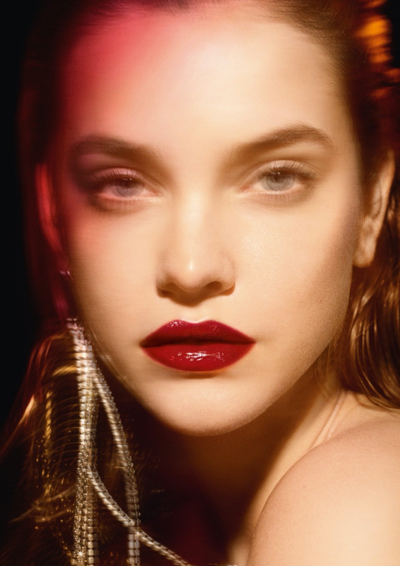 Model Barbara Palvin appears in Armani Beauty Ecstasy Mirror Lip Lacquer campaign.