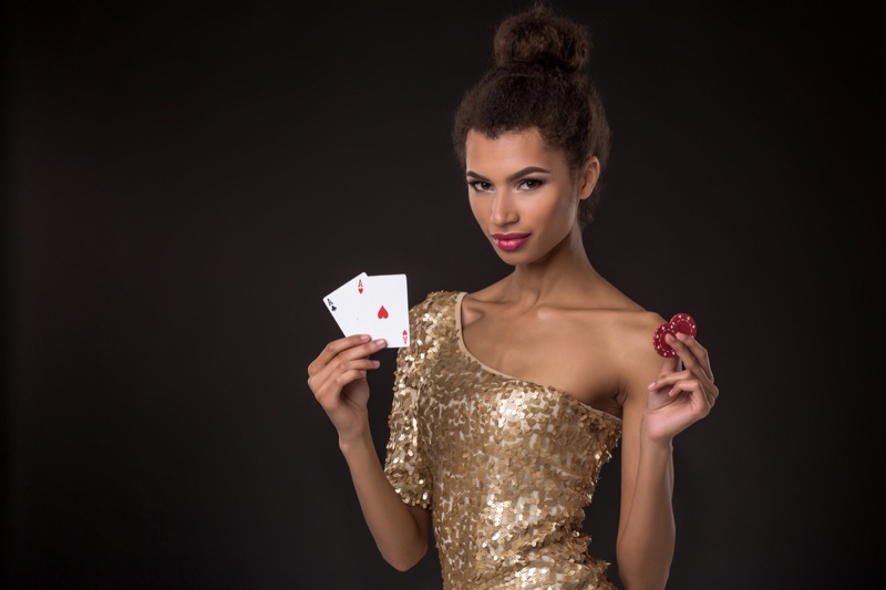 Black Model Gold Sequin Dress Cards Chips
