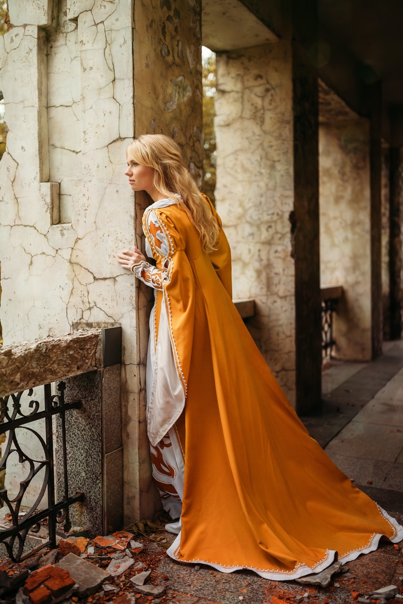 Blonde Model Orange Renaissance Medieval Dress