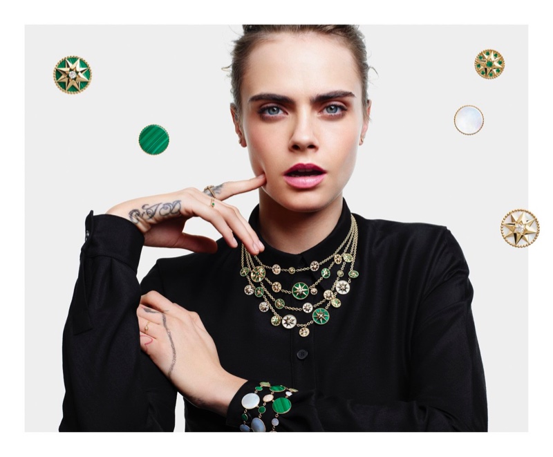 Showing off gems, Cara Delevingne fronts Dior Lucky Charms 2020 jewelry campaign.