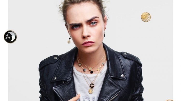 Wearing a leather jacket, Cara Delevingne fronts Dior Lucky Charms 2020 jewelry campaign.