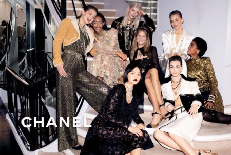 Gigi, Anna, Vittoria, Mona Charm in Chanel Pre-Fall 2020 Campaign Gigi Hadid, Mona Tougaard, Ola Rudnicka, Anna Ewers, Rebecca Leigh Longendyke, Pan Haowen, and Blesyna Minher star in Chanel pre-fall 2020 campaign.