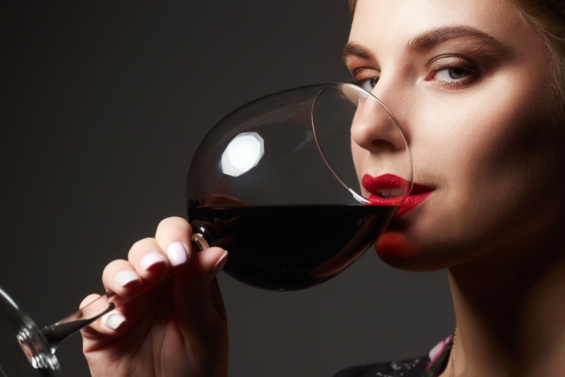 Closeup Model Drinking Red Wine Glass