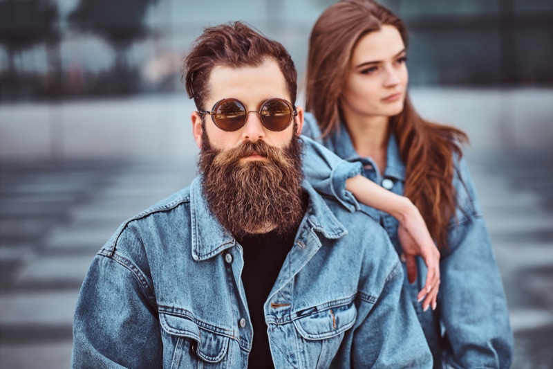 Couple Denim Jacket Man Beard Sunglasses Woman