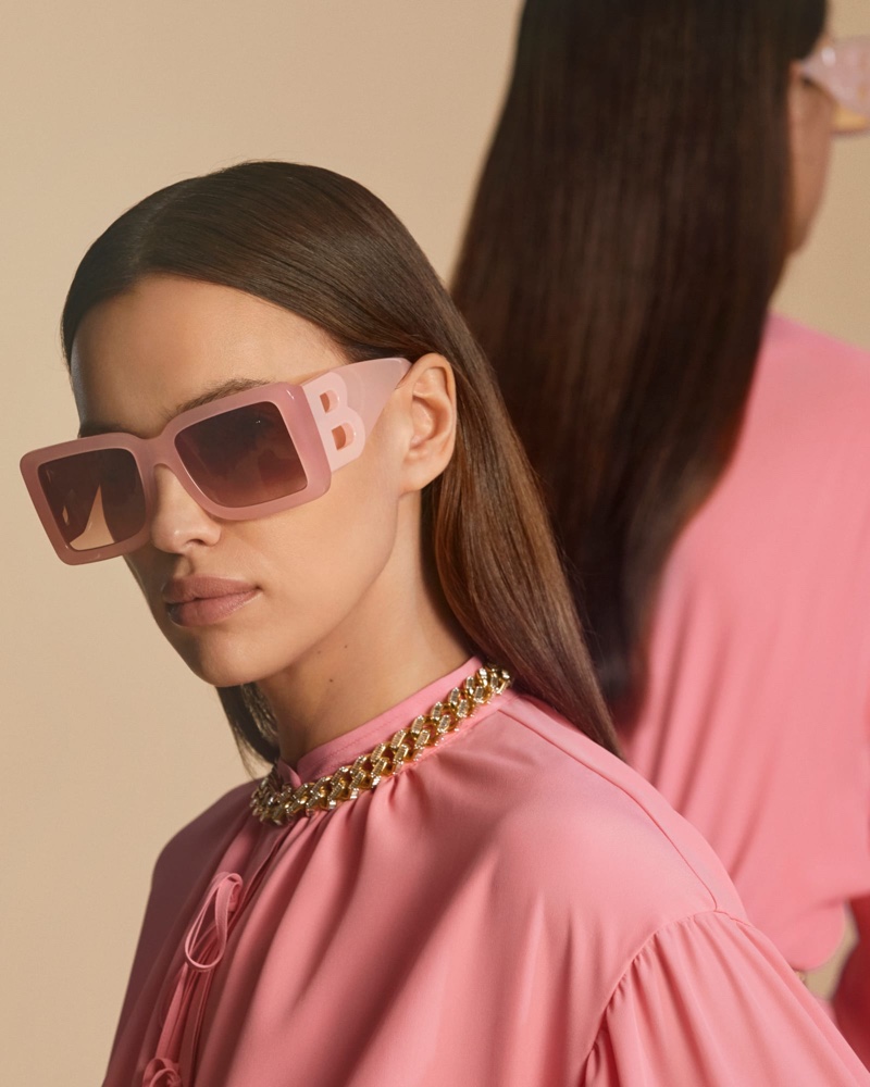 Irina Shayk poses in statement sunglasses for Burberry pre-fall 2020 campaign.