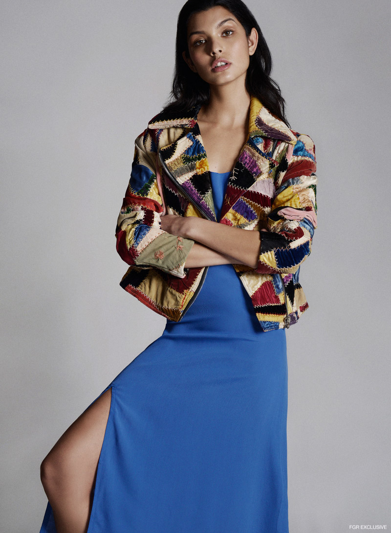 Mimi Prober patchwork motorcycle jacket and Eye to Eye blue slip dress. Photo: Willis Roberts