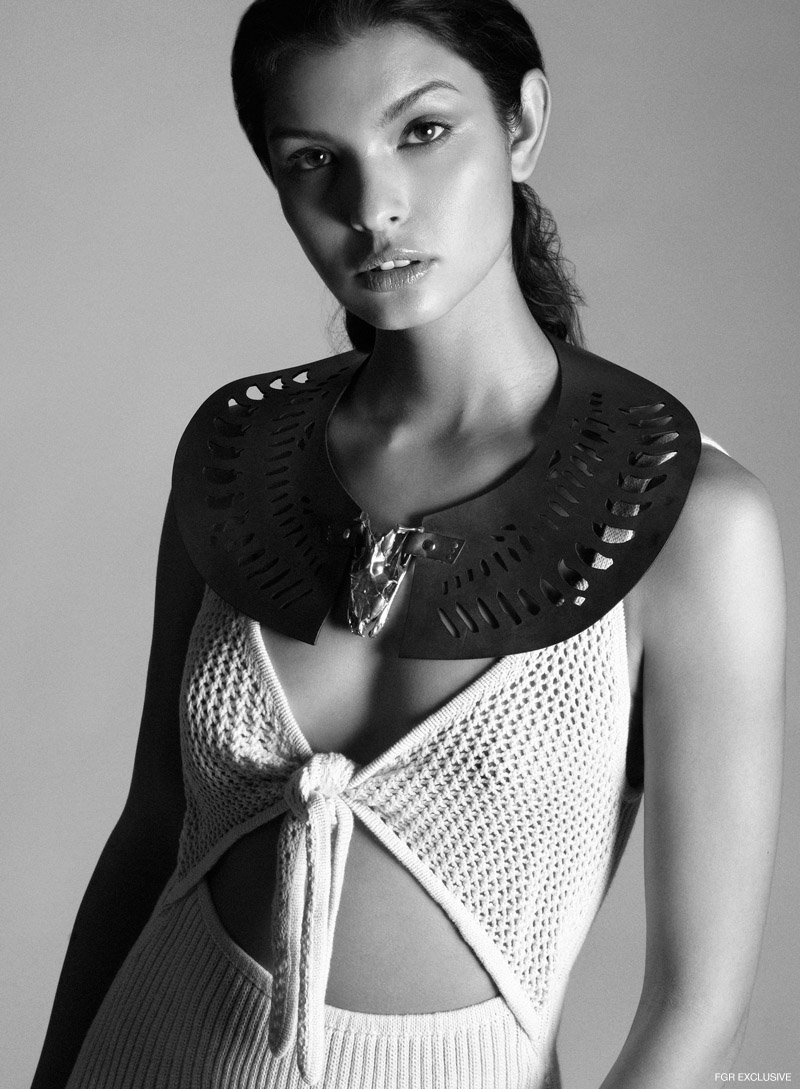 B Dodi Nefertiti leather and brass neckpiece, Kordal Studio cream knit dress. Photo: Willis Roberts