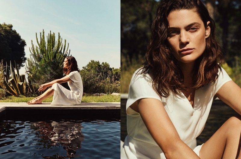 Model Marina Perez wears Massimo Dutti V-neck dress.