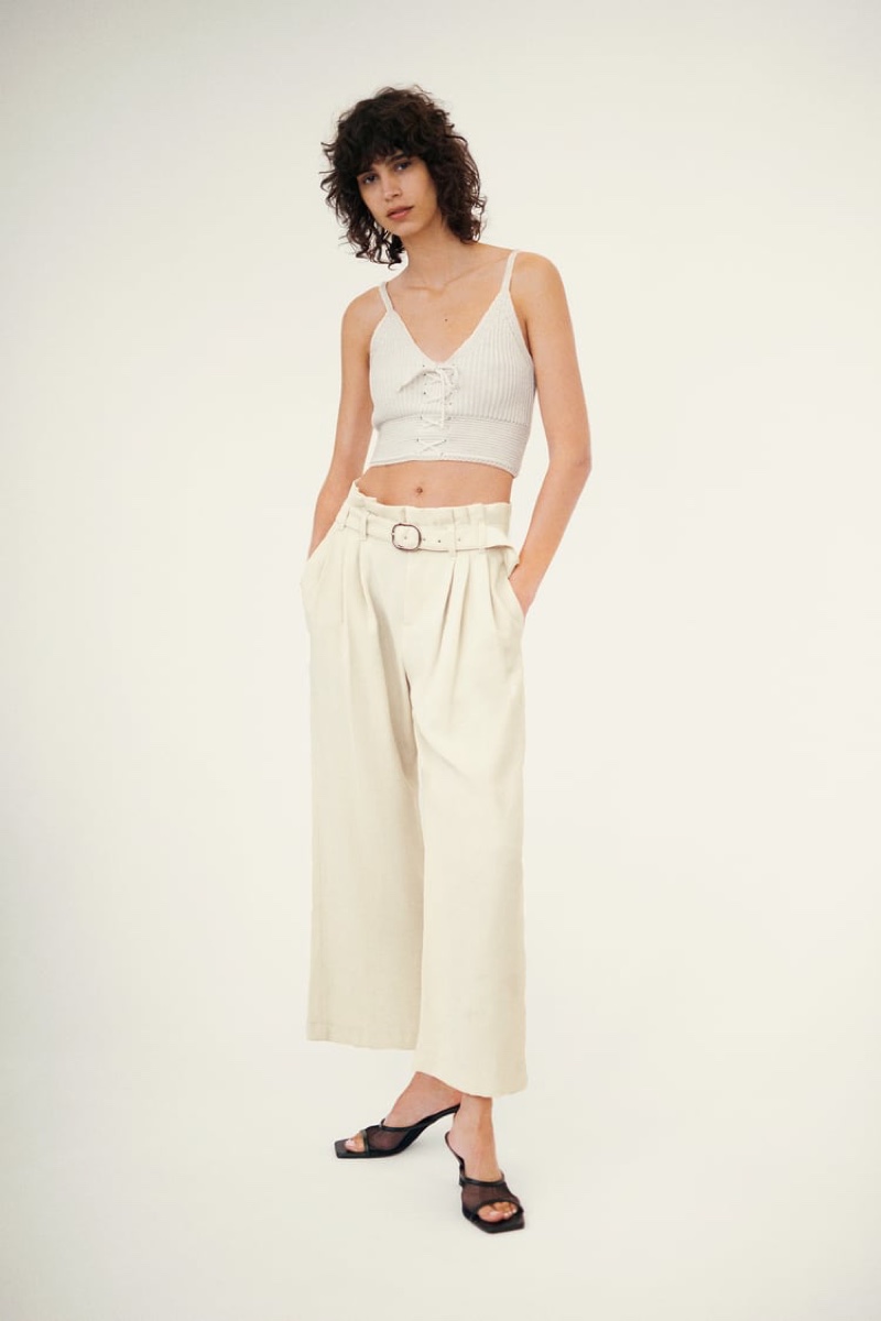 Mica Arganaraz models Zara crop top and wide leg belted pants.