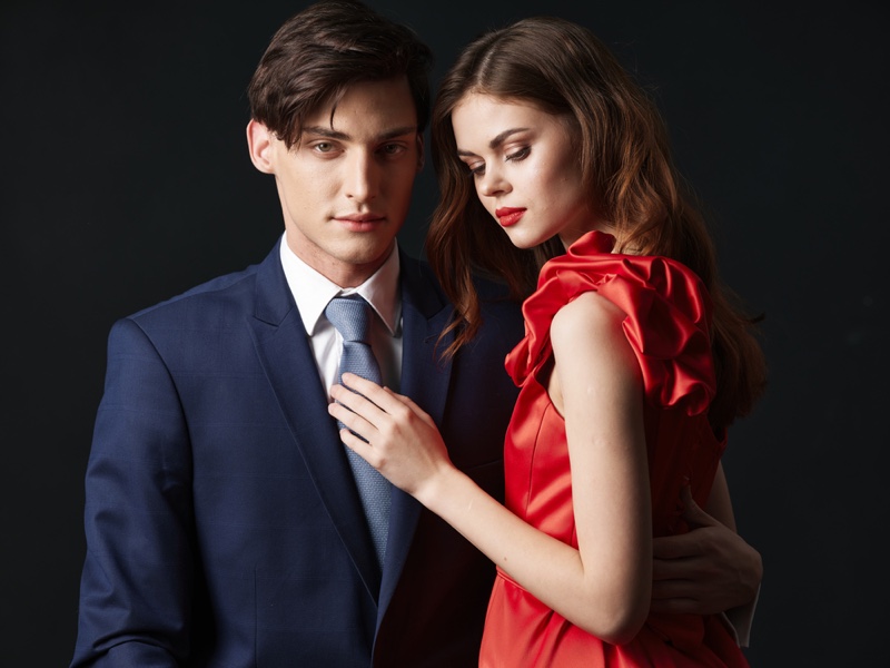 Model Couple Man Suit Woman Red Dress