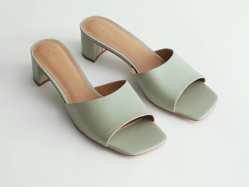 & Other Stories Heeled Leather Square Toe Sandal in Green $129