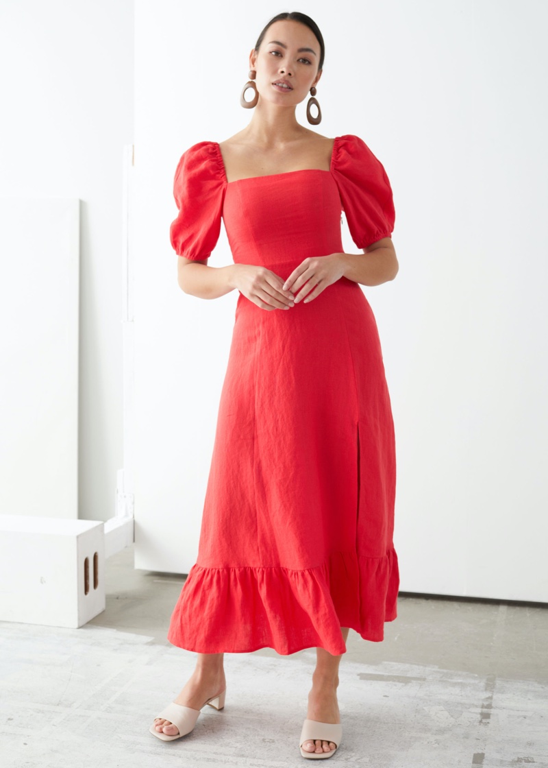 & Other Stories Linen Puff Sleeve Midi Dress in Red $129