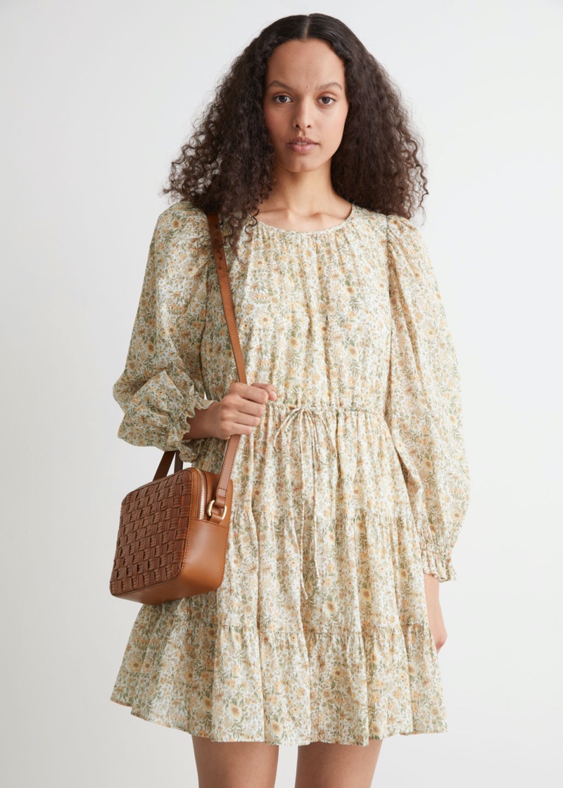 & Other Stories Voluminous Twill Mini Dress in Beige Florals $119