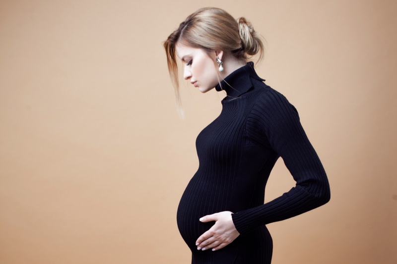 Pregnant Woman Black Turtleneck Stylish Fashionable