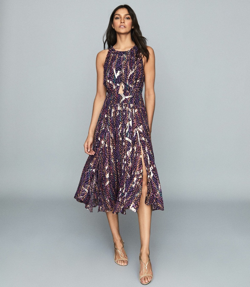 REISS Tammy Lamé Printed Chiffon Dress $465