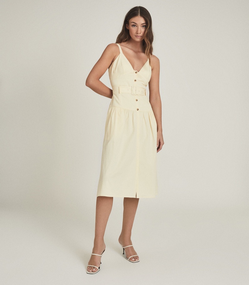 Reiss Vita Button Through Midi Dress in Yellow $330