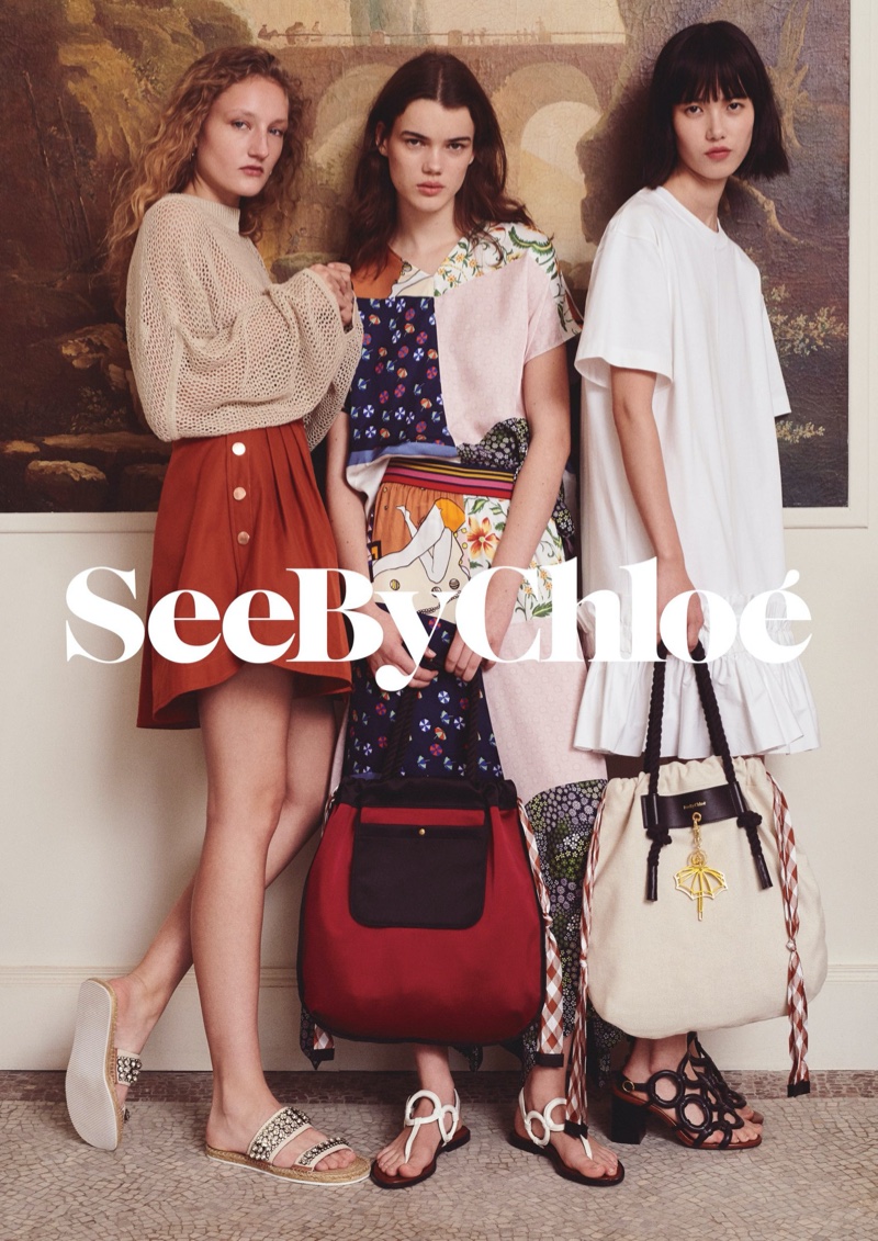 Models Agnes Nieske Abma, Hannah Sprehe and Yidan Huang pose for See by Chloe spring-summer 2020 campaign.