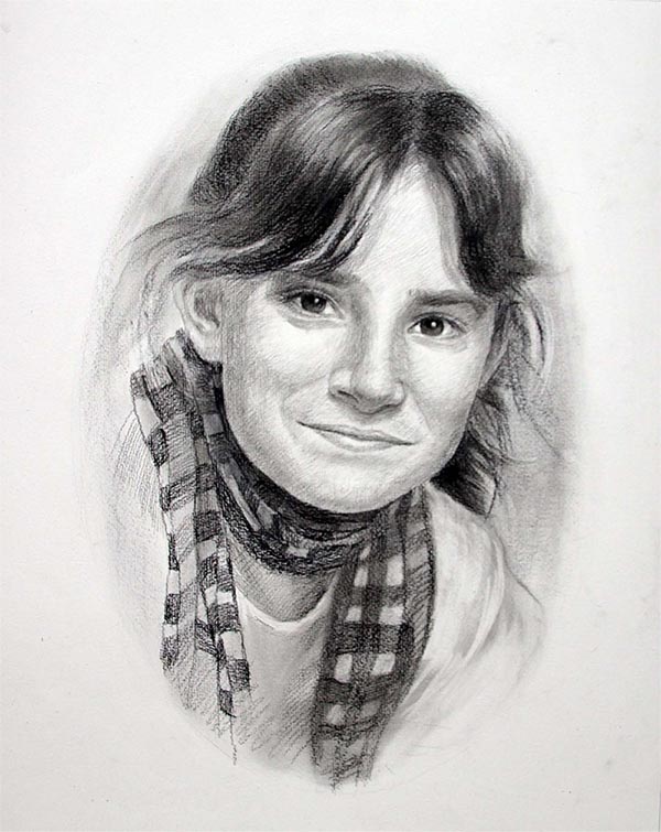 smiling girl on charcoal portrait painting