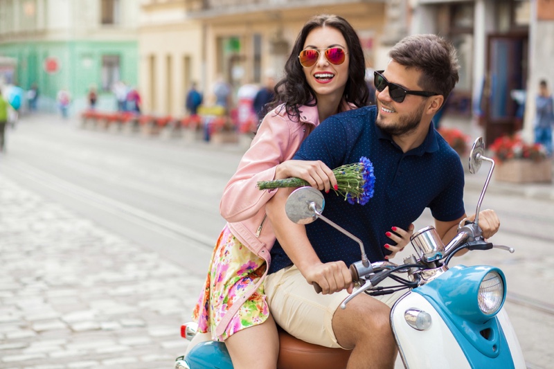 Stylish Couple Smiling Scooter Moped