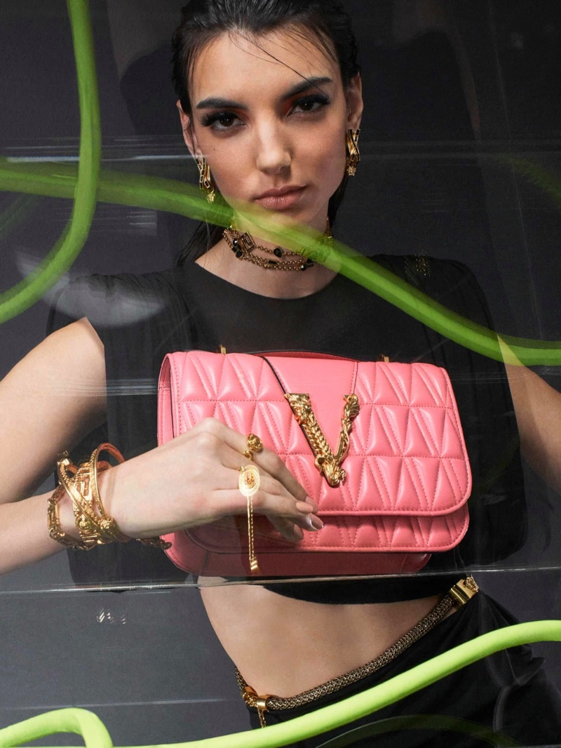 Cynthia Arrebola appears in Versace Virtus handbag summer 2020 campaign.
